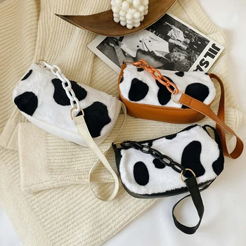 

Vintage Women Handbags Shoulder Bags Ladies Shoulder Bags Plush Fashionable Milk Cow Pattern Bags Cute 2020 Bags