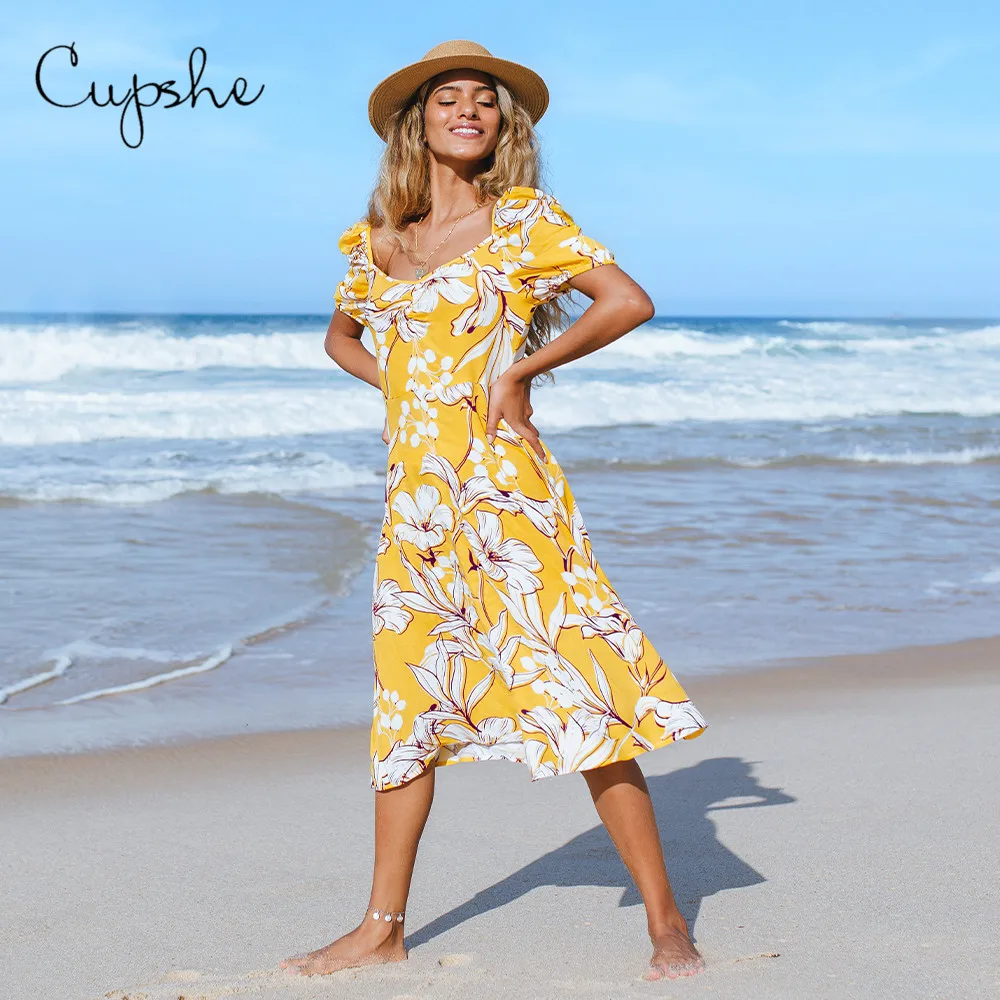 Cupshe Yellow Floral Midi Dress For Woman Sexy Puffed Short Sleeve