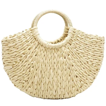 

NEW-Handmade Beach Bag Round Straw Tote Bag Large Bucket Summer Bags Women Natural Basket Handbag