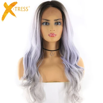 

Light Purple Ombre Color Synthetic Hair Lace Wigs Free/Middle Part X-TRESS 24inch Long Wavy 13x4 Lace Front Wig With Baby Hair