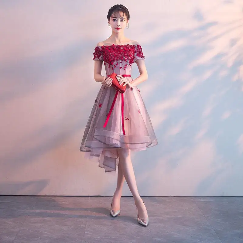 Elegant Wine Red Appliques Evening Dress Boat Neck Front Short Back Long Bride Toasting Party Prom Gown Women Host | Свадьбы и