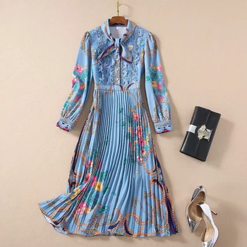 

HIGH QUALITY Newest 2020 Fashion Runway Dress Women's Long Sleeve Bow Collar Retro Pleated Dress