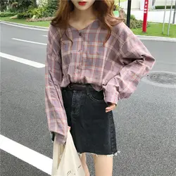 Топ Женская одежда новая Корейская версия свободная клетчатая рубашка с v-образным вырезом и длинными рукавами рубашка для отдыха