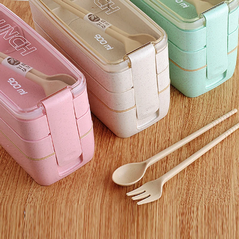 Bento Box зеленый бежевый контейнер для еды Пшеничная солома 3 слоя 900 мл 1 шт. экологичный Ланч-бокс розовый