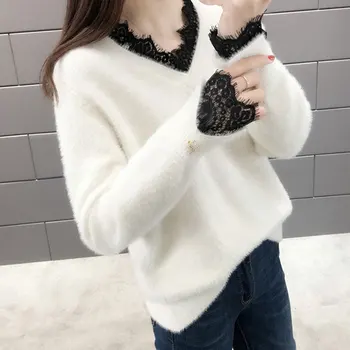 

Winter Casual Ladies Lace Sweater Solid Color Thick Female V-Neck Long-sleeve Knit Pullovers 4Colors