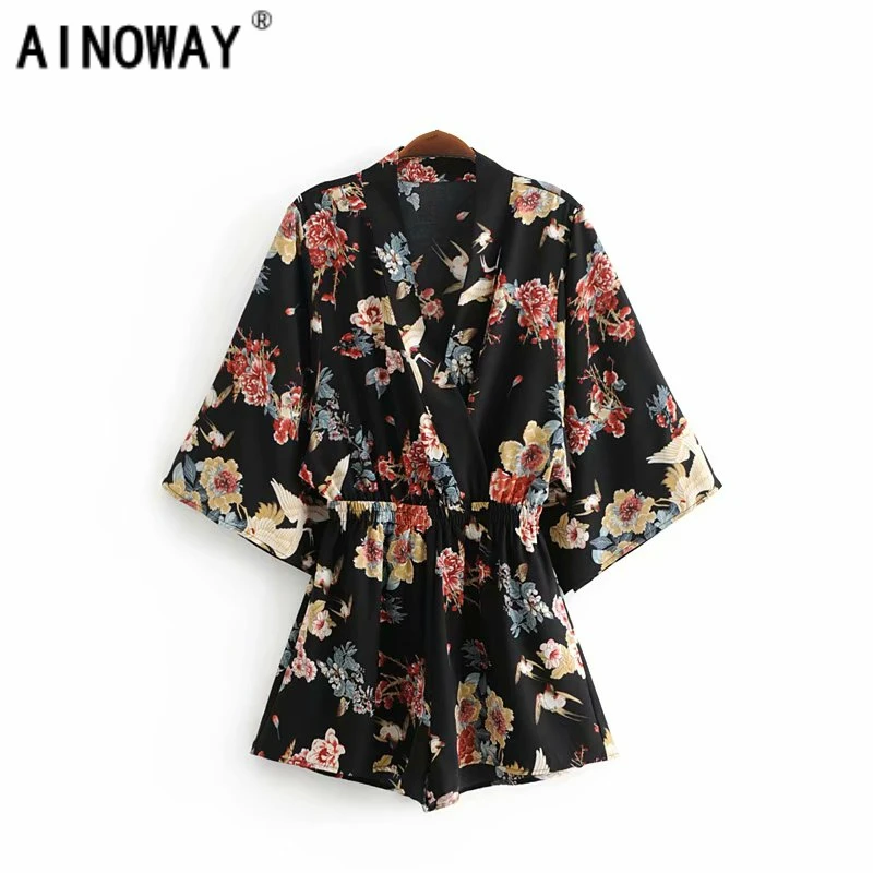 Boho Crane flor Floral impresión estampado bohemio playa traje kimono manga larga sin respaldo happie monos general