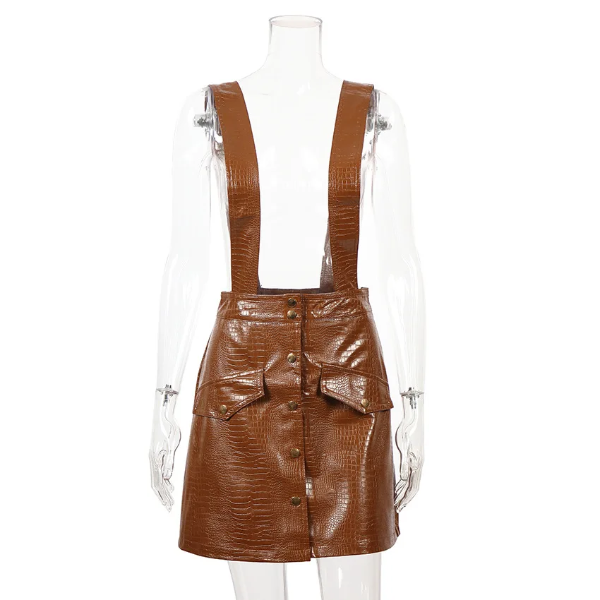 

Strap Skirt Short Skirt Sexy British Style PU Leather Strap Fashion Women Retro Brown Leather Skirt A Line Skirt High Waist