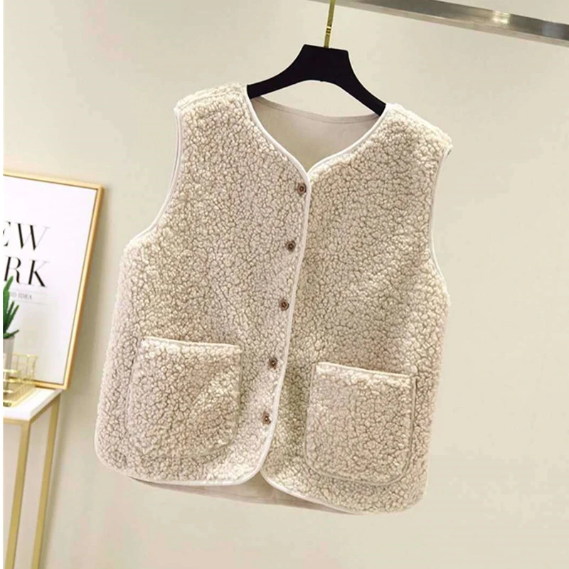 Chaleco de lana de Otoño e Invierno para mujer, chaqueta cálida y gruesa  sin mangas, con bolsillo, color blanco, 2021|Chalecos y chalecos| -  AliExpress