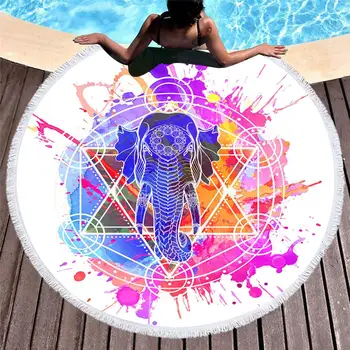 

Custom New Mandala Elephant Printed Round Beach Towel For Adults Microfiber Bath Towels 150CM with tassels Beach Vacation Shawl