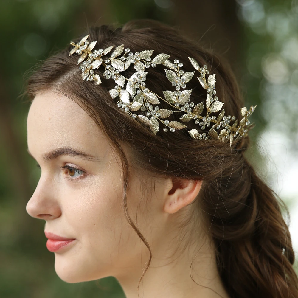 Diadema de lujo de hojas doradas para novia, Tiara lateral de cristal, diadema de vid para el pelo boda, fiesta de joyería el cabello, tocado para novias|Joyería para el