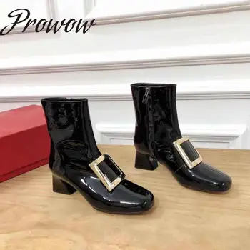 

Ollymurs New Black Silver Glitter Genuine Leather Ankle Boots Zip Side Thick Heel Low Heel Autumn Winter Boots zapatos Mujer