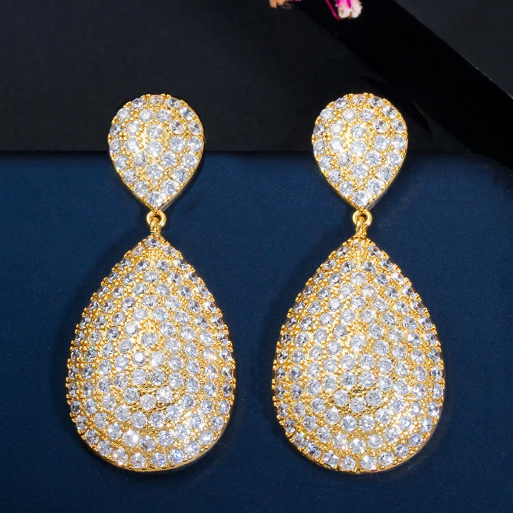 

ThreeGraces Luxury Micro Paved Cubic Zirconia Gold Color Big Dangle Drop Earrings for Women Banquet Dinner Party Jewelry E1017