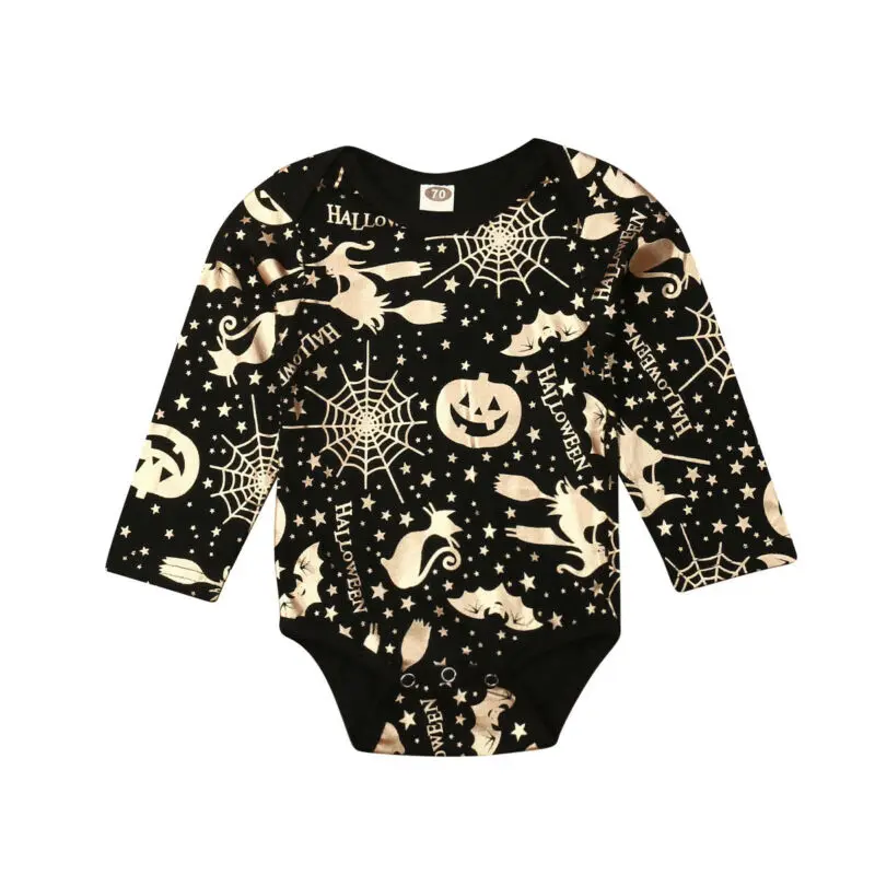 Lovely Halloween Party Newborn Baby Rompers Clothes Toddler Boys Girls Long Sleeve Gold Pumpkin Printed Outfit Costumes