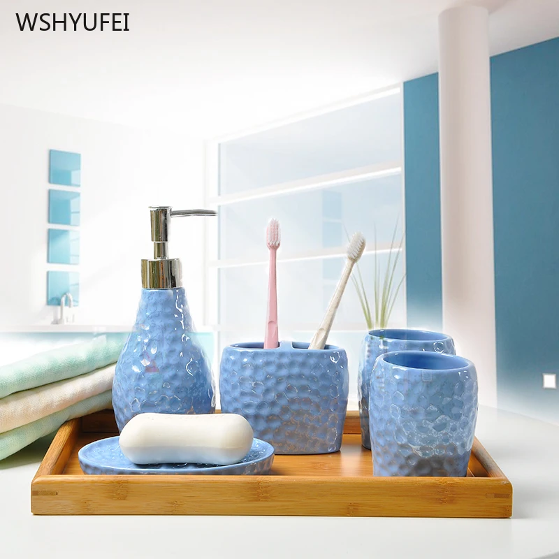 Ceramic simple solid color bathroom accessories set washing tools