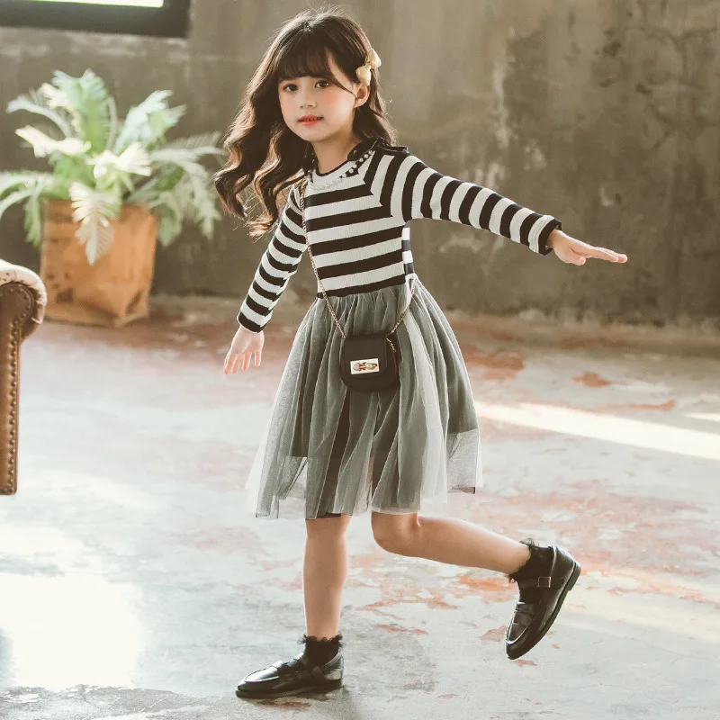 2020 Big Girls Casual Cotton Dress Little Kids Stripe Long Sleeve Mesh Dress Children School Clothes for 5 6 7 8 9 10 11 12 year (2)