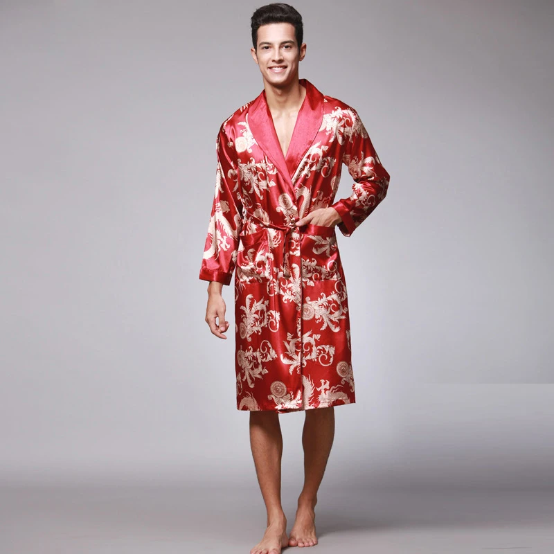 Мужской и Женский атласный элегантный шелковый халат для влюбленных кимоно летний халат Женское ночное белье мужской s халат женский Драконья Пижама Наборы - Цвет: Wine Men