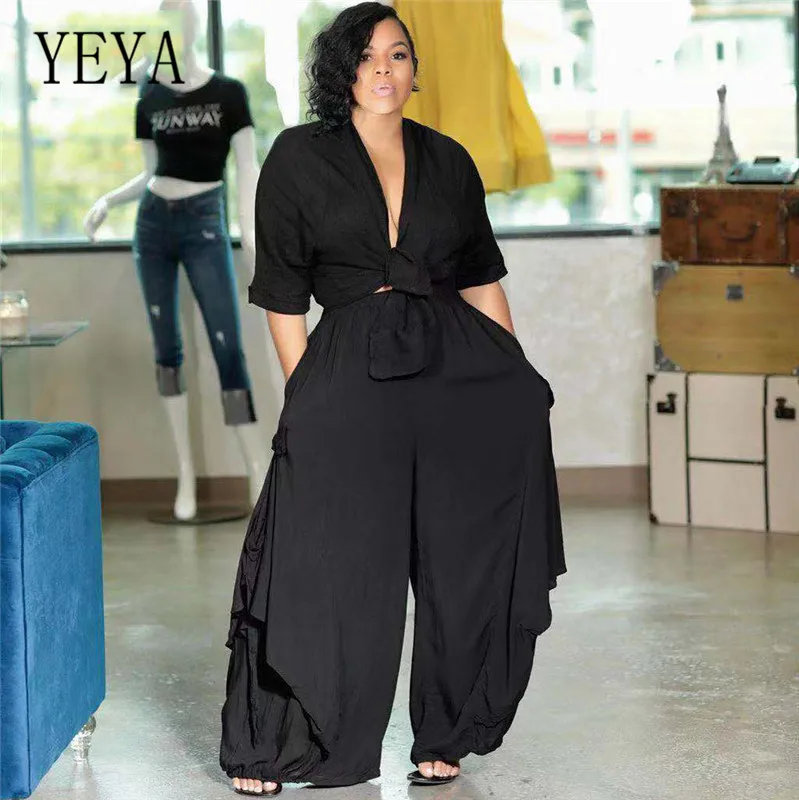 YEYA, плюс размер, 2XL, свободные комплекты из двух предметов, пупочный Топ, сексуальная уличная Женская одежда, Модный укороченный топ+ широкие штаны, Комбинезоны
