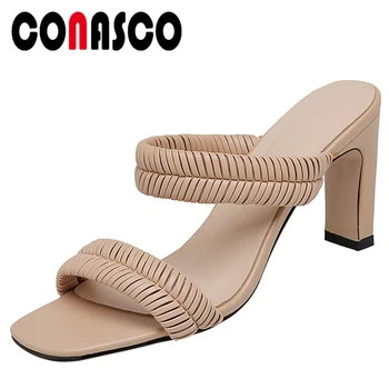 

CONASCO Summer New Women Sandals Fashion Concise Narrow Band Woven Slippers Genuine Leather Pumps High Heels Casual Shoes Woman