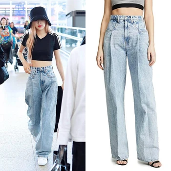 

kpop Blackpink ROSE the same summer High waist Wide Leg Loose Straight Jeans women streetwear fashion Loose Straight denim pants