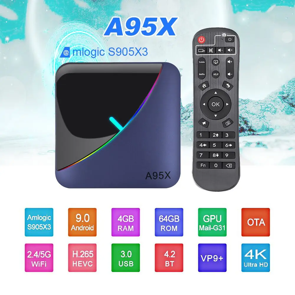 Новинка! A95X F3 8K RGB светильник ТВ коробка Amlogic S905X3 Android 9,0 Smart tv 4 Гб 64 Гб eMCP Plex медиа сервер двойной wifi Netflix Youtube X3