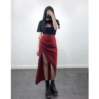 

Women Sexy Red Plaid Side Slit Skirt Irregular Pleated Slim Waist Long Knee Skirt High Waist Elegant Skirt For Women