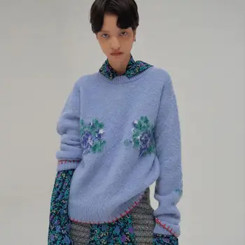 

Fashion Luxury flower embroidery woolen Sweater female lavender mohair Knitwear wool Sweaters Pullover tops F947