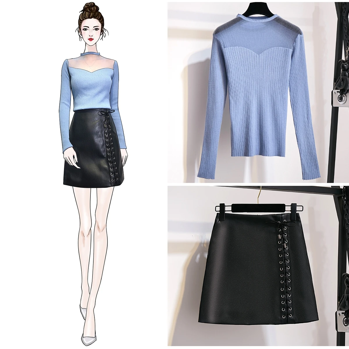 

Autumn Hollow Out Half A Turtleneck Splicing Gauze Sweater PU Leather Skirt Of Tall Waist Skirts Women Knitwear Vestido Outfits