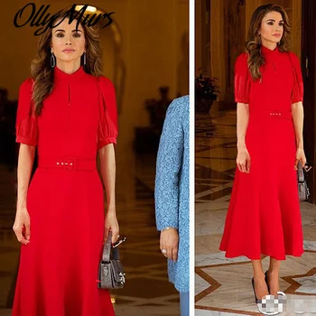 

2020 Autumn Rania Abdullah Runway Designer High Quality Fashion Party Casual Gentlewoman Elegant Slim Midi Dress