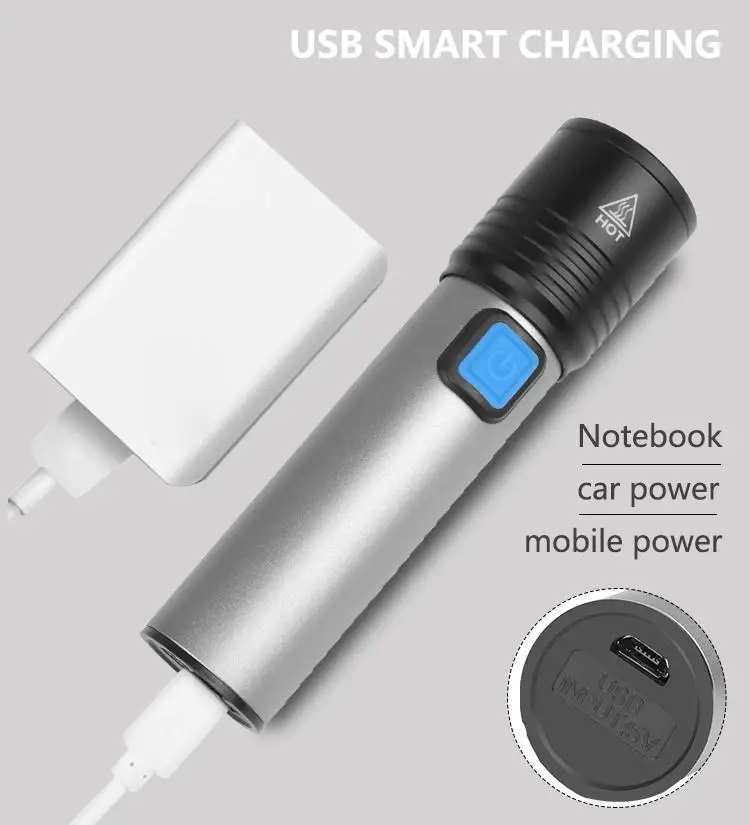 Portable T6 Flashlight LED USB Rechargeable Torch Zoom Flashlight with Built-in Battery for Outdoor Camping