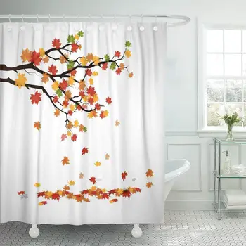 

Fabric Shower Curtain Curtains with Hooks Brown Leaf Autumn Branch with Falling Leaves Orange Tree Abstract Silhouette Wood