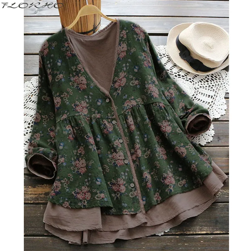 

Women Floral Print Blouse Vintage Lace Shirt V-Neck Tops Autumn Cotton Linen Button Ladies Cardigan Plus Size blusa feminina