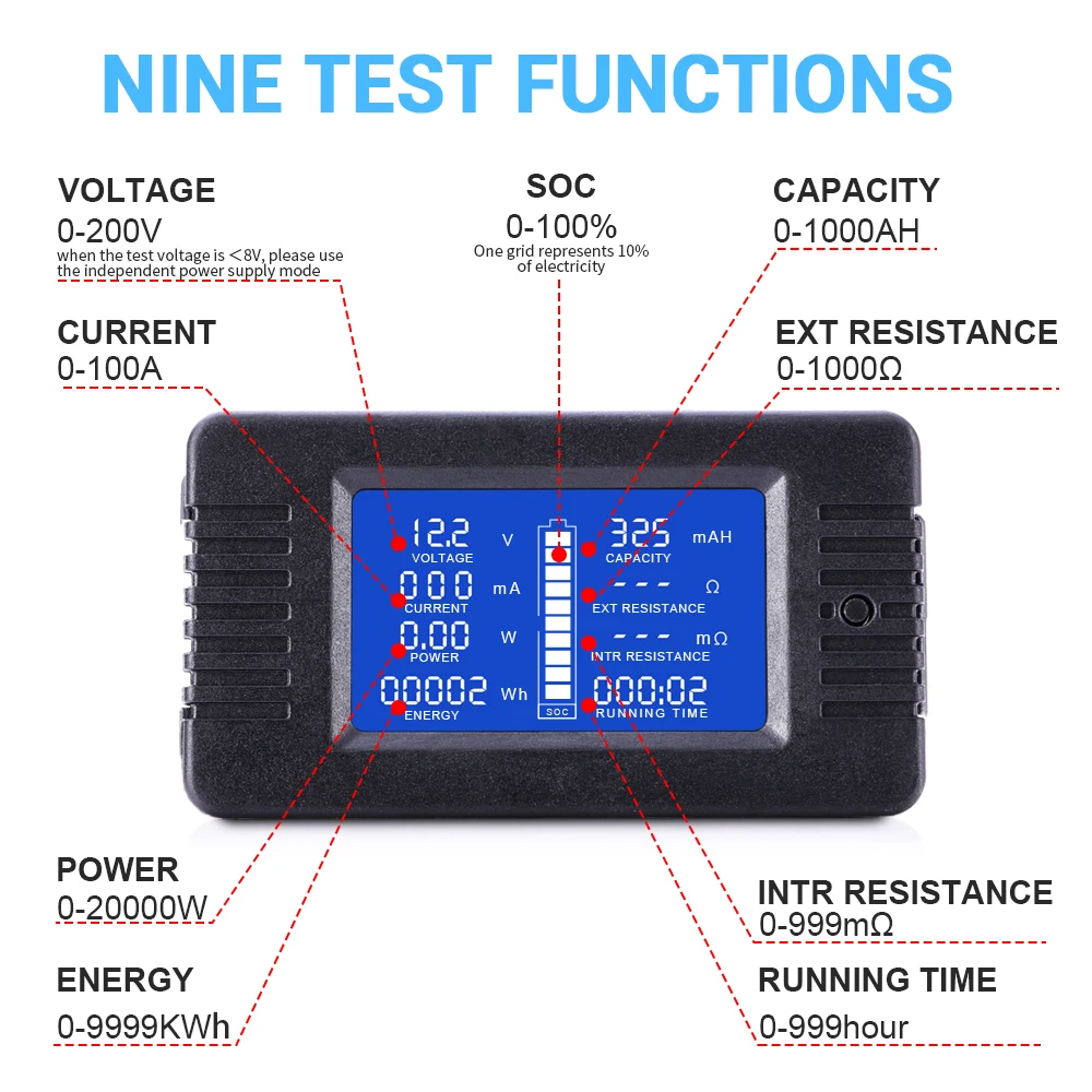 MICTUNING ЖК-дисплей постоянного тока батарея монитор метр 0-200 в Вольтметр Амперметр с 9 функциями измерения для автомобильной солнечной системы