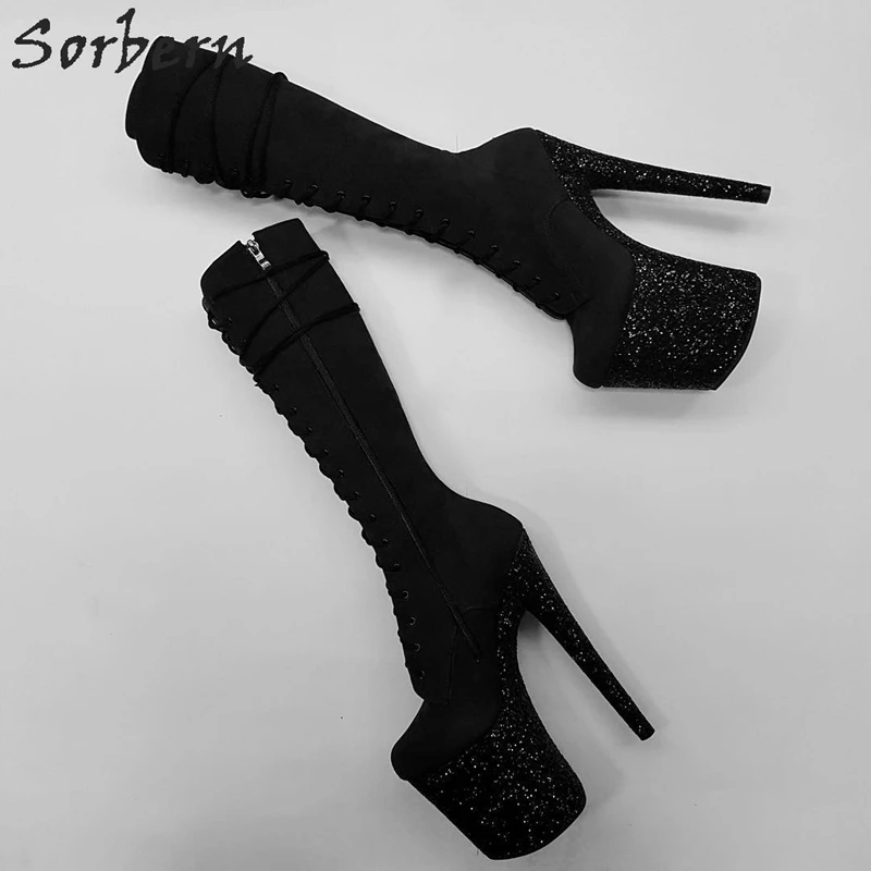 Black Sorbern/блестящие женские ботинки до середины икры на каблуке; леопардовая обувь для экзотических танцев; обувь для подиума на платформе и каблуке; Дизайнерская обувь размера плюс - Цвет: Black