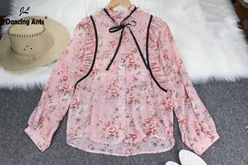 

Women Shirts O-Neck Long Sleeve Single Breasted Broken Flower Print Slim Chiffon Tops 2020 New Female Elegant Ruffles Blouse