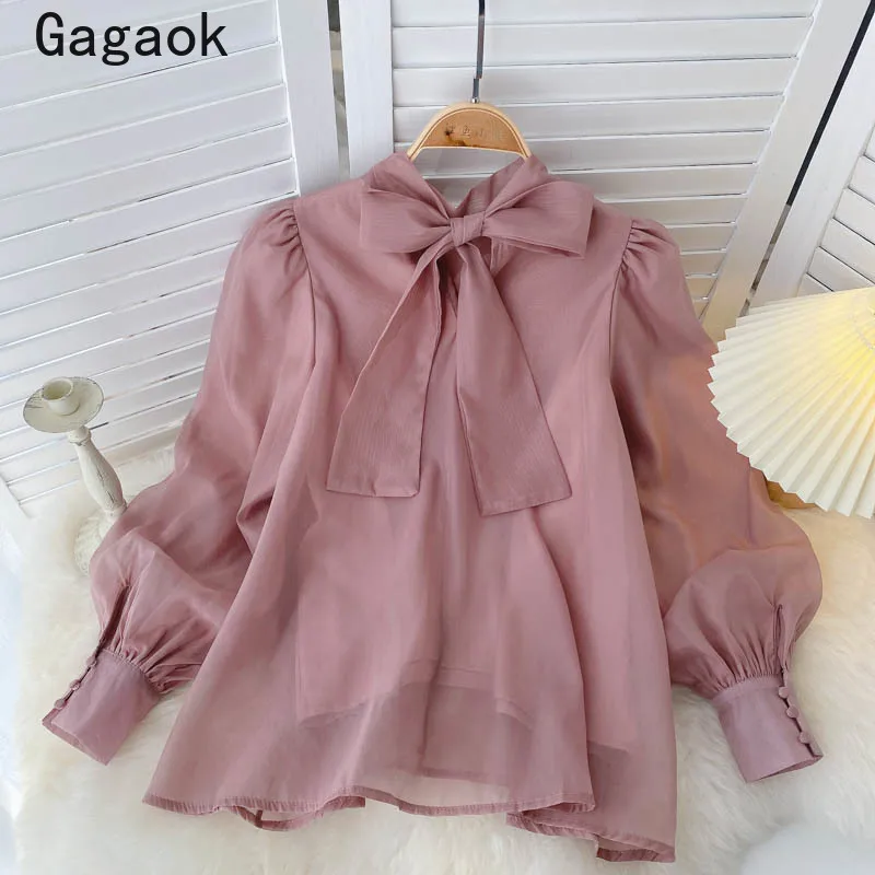 Женская шифоновая блузка Gagaok демисезонная Однотонная рубашка с шарфом и пышными