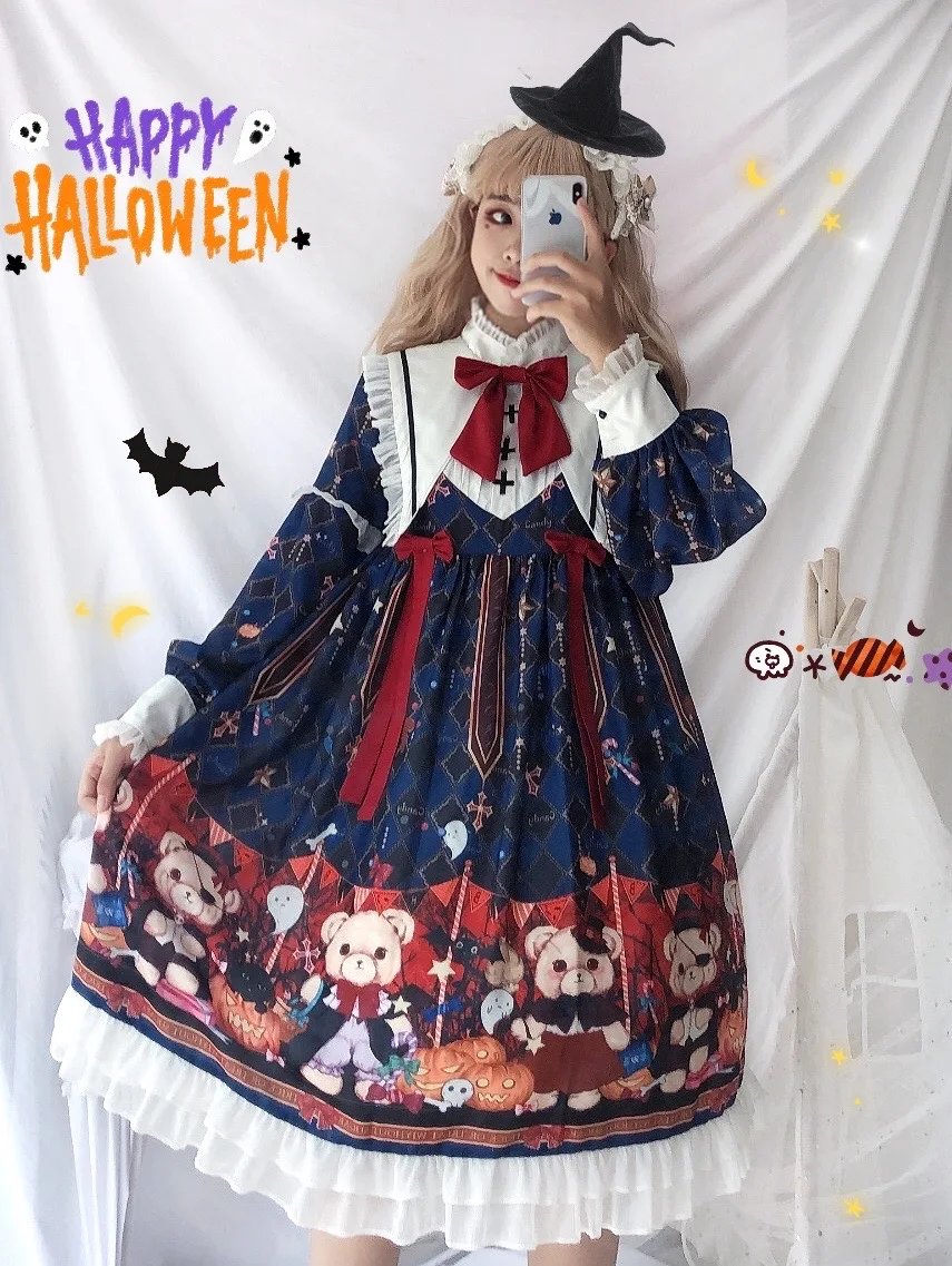 

2020 autumn Sweet Kawaii Lolita dress Sleeveless JSK Custom full words Halloween bear op long sleeve dress dark