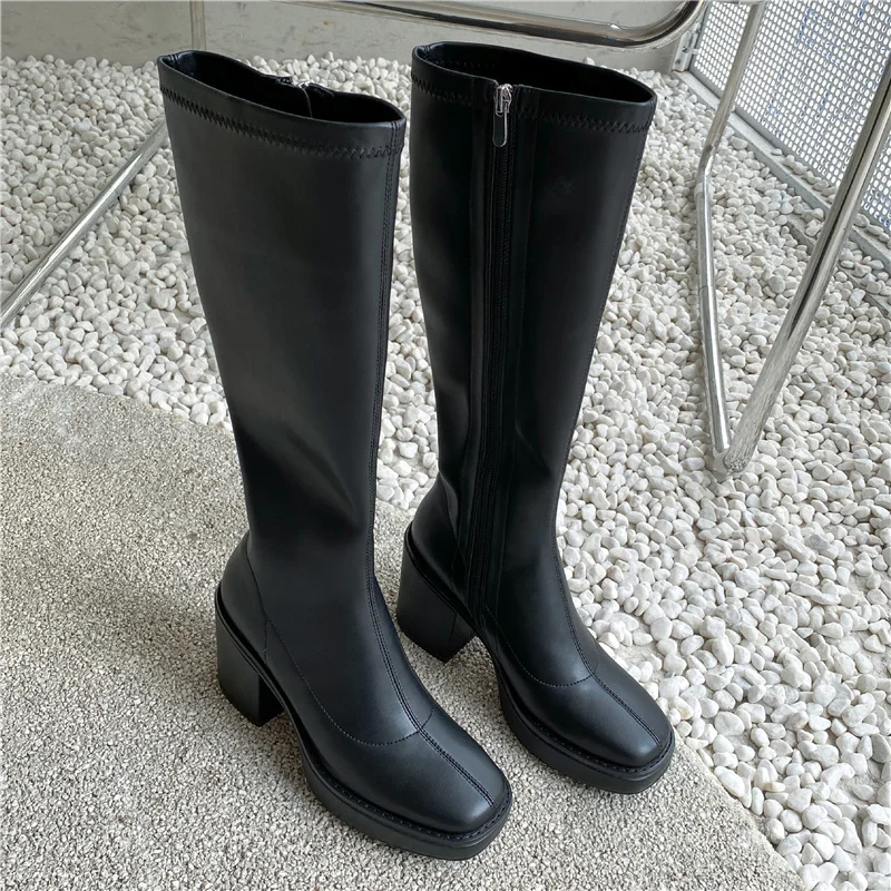 Women Knee Boots Winter Chelsea High Boots Women Platform Leather Heels Elegant Knee High Boot Autumn Ladies Long Shoes Comfortable Designer