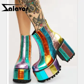 

ZALAVOR New Women Short Boots Mixed Color Thick Heel Platform Women Ankle Boots Party Shoes Women Footwear Size 34-43