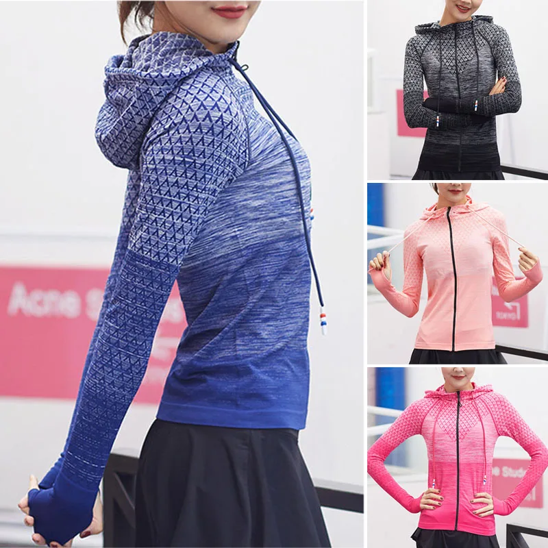 

Women Long Sleeve Yoga Jacket Gradient Rendering Color Zipper Quick-dry Sportswear BHD2
