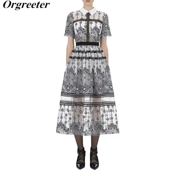 

2020 Summer Newest SP Style Short Sleeve Floral Embroidery Black Lace Dress Fashion Mesh Lace Patchwork Lapel Vintage Long Dress