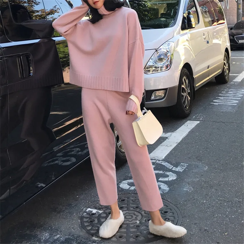 

2 Piece Set Women Knitted Tracksuit Autumn Winter Suit Set Long Sleeve Turtleneck Sweaters Casual Sweat Suit Conjuntos De Mujer