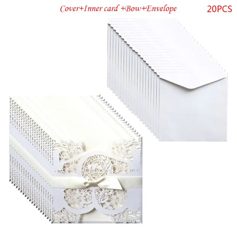  20 Pcs European Style Wedding Invitation Card with Bow Envelope Kit Party Supply - 4000570403004