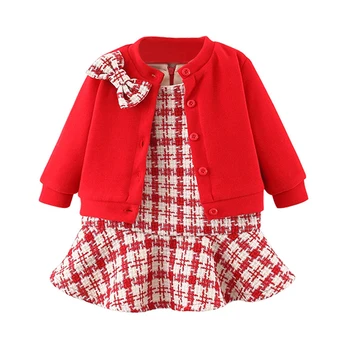 

Babyinstar Boutique Christmas Set Toddler Girl Clothes Red Knit Cardigan + Plaid Vest Dress 2pcs Plus Velvet Princess Kids Sets