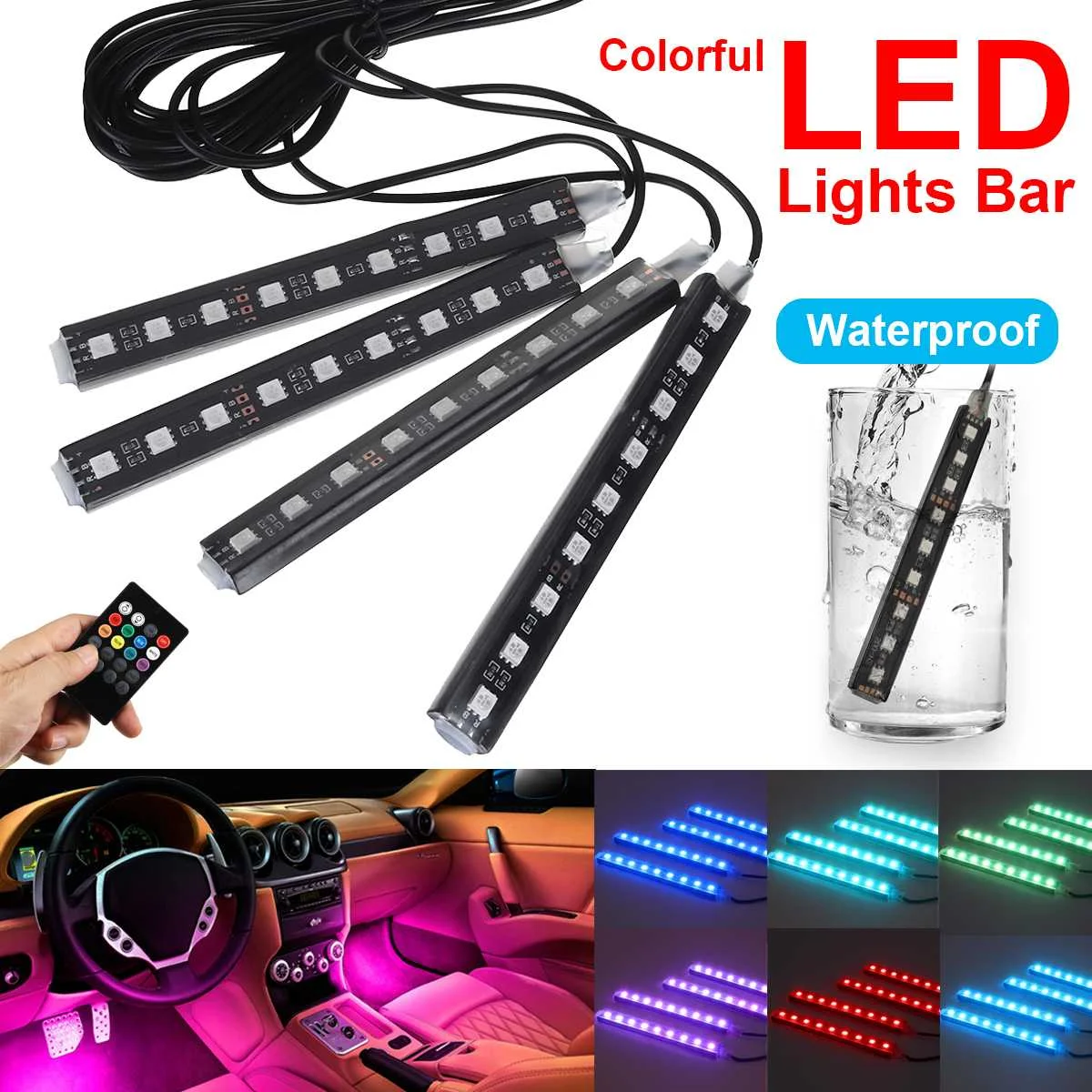 

4x 9LED Colorful LED Light Bar Car Interior Floor Remote Control Neon LED RGB Strip Light Colorful Lamp Waterproof Universal