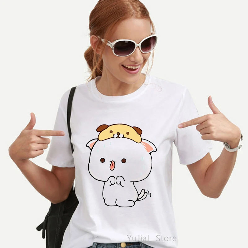 Kawaii Women'S Clothing Peach And Goma Mochi Cat Cartoon Print Tshirt Femme Korean Style Clothes Harajuku T Shirt Tops tee shirts