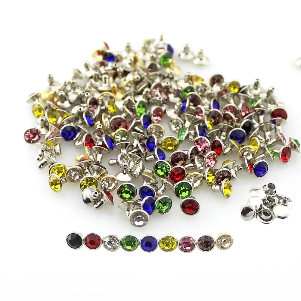 Rhinestones Rivets 100sets/lot 7mm Fashion Colorful Leather Copper Crystal Spikes DIY Accessory Clothes Bags Decoration metal rivets,copper rivets,leather rivets,pearl rivets