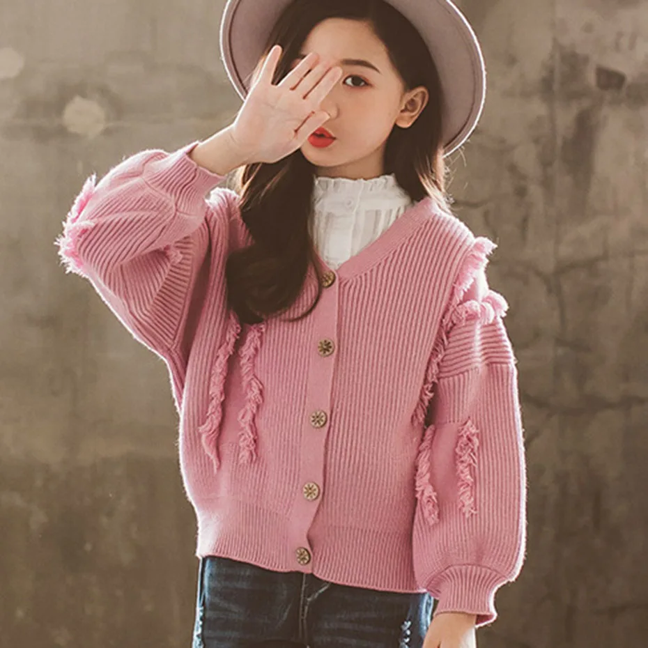 Кардиган для девочек однотонный вязаный свитер детский фонарь с рукавами