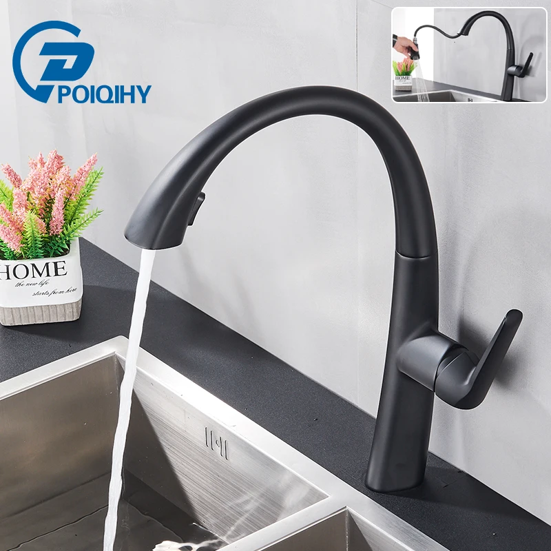 Noir mat retirer cuisine robinet Chrome 360 degrés rotatif élégant cuisine évier robinets double eau modes chaud froid mélangeur robinet