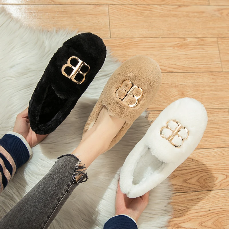 

Spring Autumn Women Flats Wool Slip on Shoes Woman Loafers Metal Boat Shoes White Ladies Shoes Fur zapatos mujer