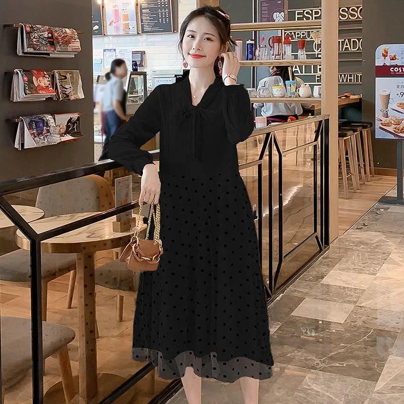 

2019 Autumn And Winter New Style Maternity Clothes Dress Polka Dot Gauze Joint Velvet Lactation Garment Dress